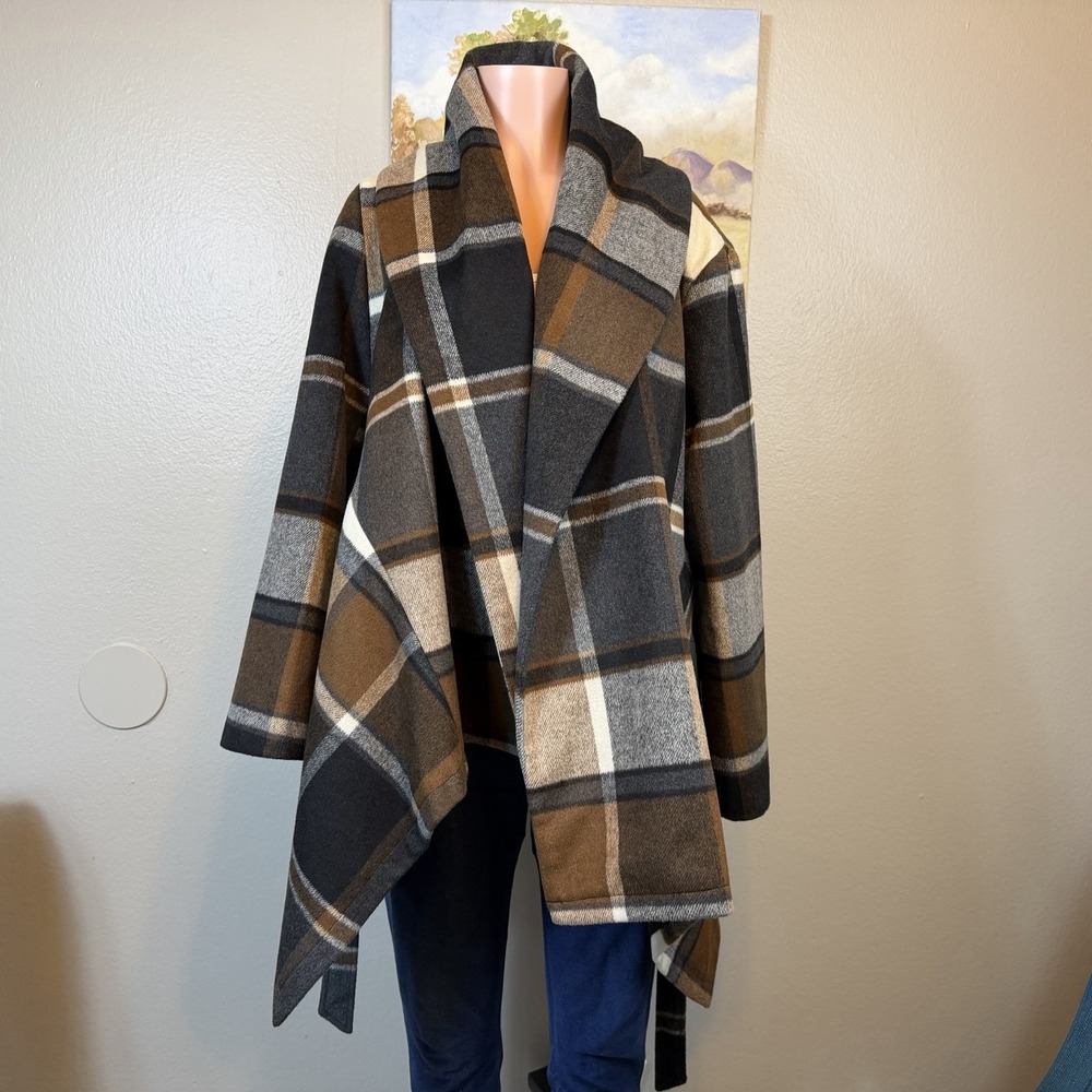 Chicwish Plaid Wool Blend Cape Coat 2XL Asymmetrical Waterfall Brown